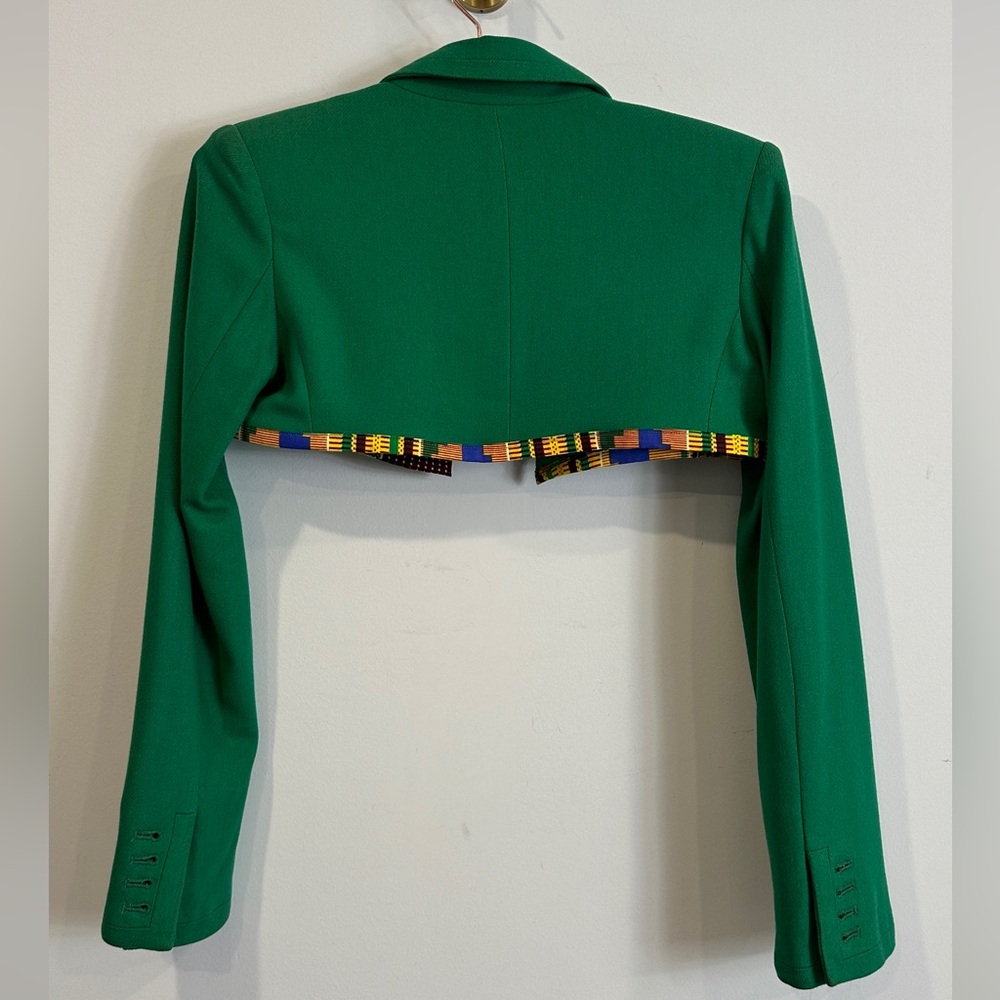 Priorities Green Upcycled Cropped Blazer with African Print Trim Size S - Picture 5 of 6